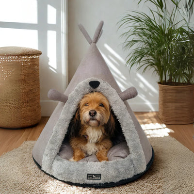 Tail Squad Washable Cozy Dog and Cat Cave Bed (Bear Hugs - Grey)