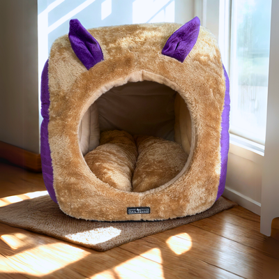 Tail Squad Snail Cave Pet Bed for Adult Cats (Purple & Beige)