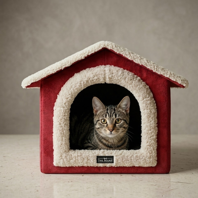 Tail Squad Foldable Cat Hut- For Kittens & Adult Cats - Red