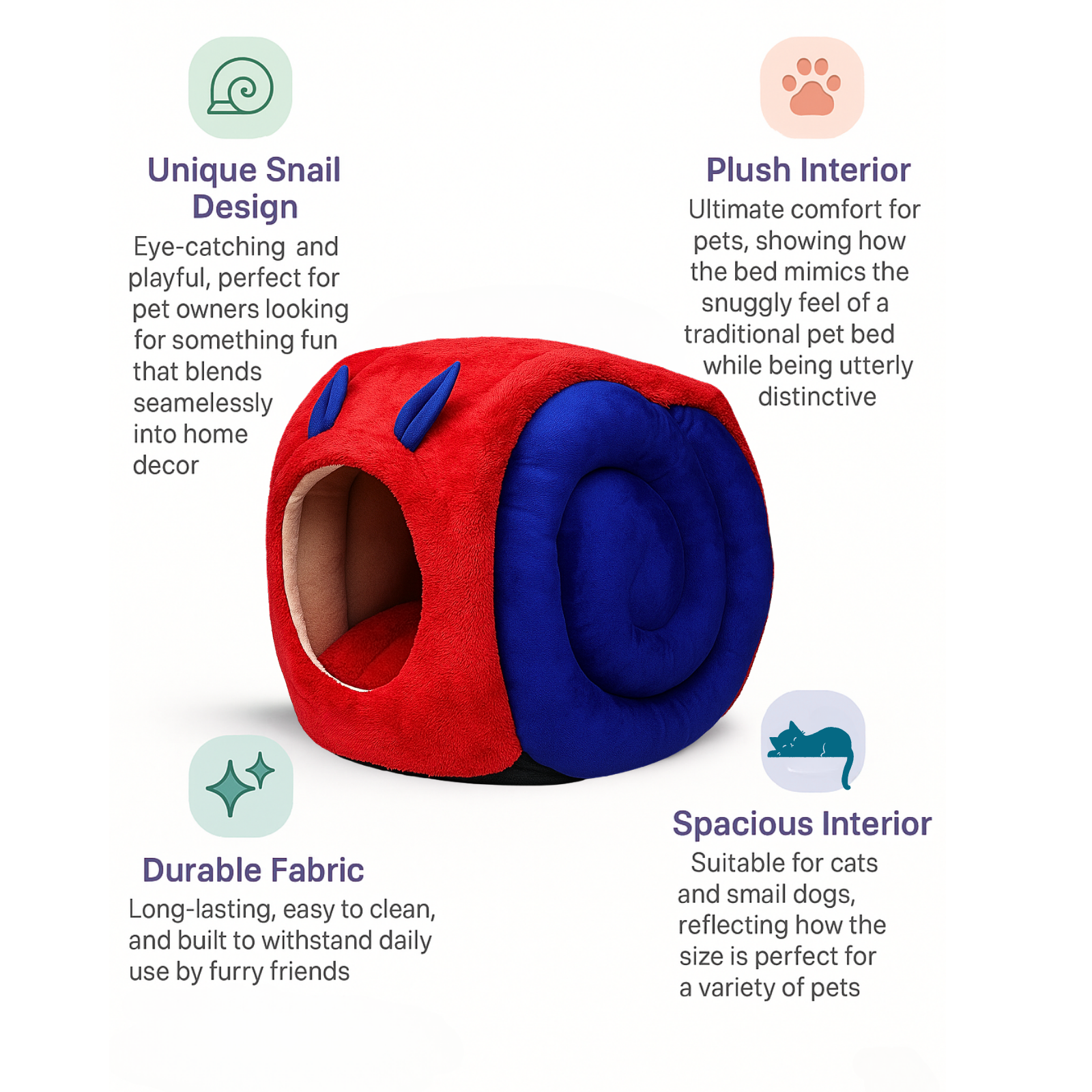 Tail Squad Snail Cave Pet Bed for Adult Cats (Blue & Red) - TAIL SQUAD