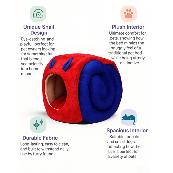 Tail Squad Snail Cave Pet Bed for Adult Cats (Blue & Red) - TAIL SQUAD