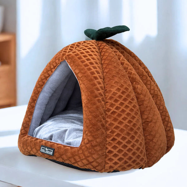 Tail Squad Premium Soft Pumpkin-Shaped Cat Hut (Rust) - TAIL SQUAD