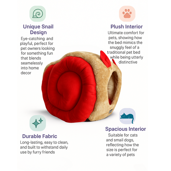 Tail Squad Snail Cave Pet Bed for Adult Cats (Red & Beige) - TAIL SQUAD