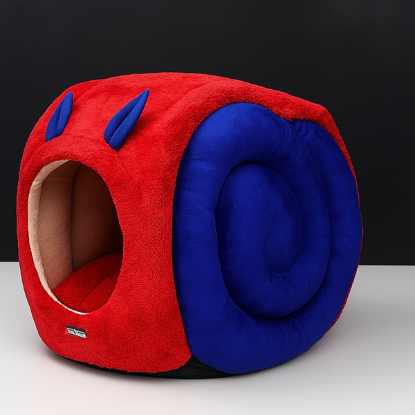 Tail Squad Snail Cave Pet Bed for Adult Cats (Blue & Red) - TAIL SQUAD
