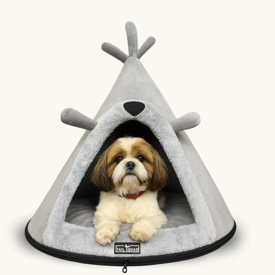 Tail Squad Washable Cozy Dog and Cat Cave Bed (Bear Hugs - Grey)