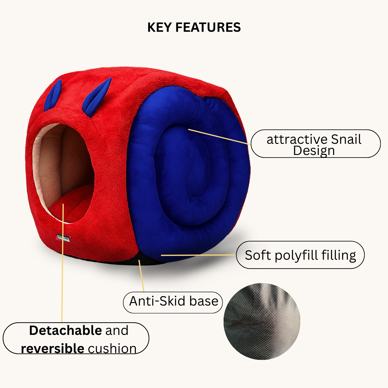 Tail Squad Snail Cave Pet Bed for Adult Cats (Blue & Red) - TAIL SQUAD