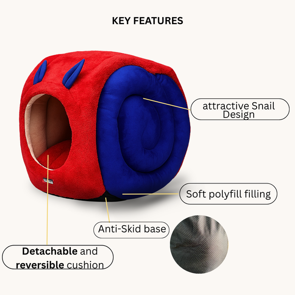 Tail Squad Snail Cave Pet Bed for Adult Cats (Blue & Red) - TAIL SQUAD