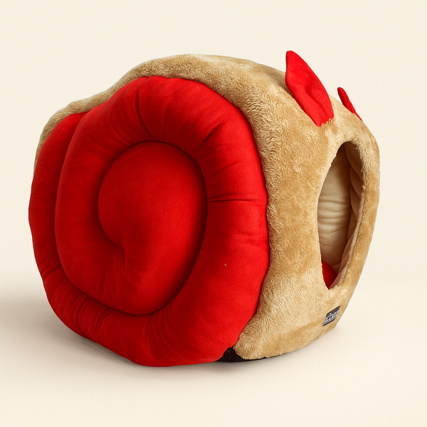 Tail Squad Snail Cave Pet Bed for Adult Cats (Red & Beige) - TAIL SQUAD