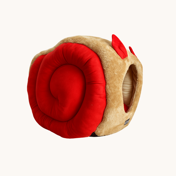 Tail Squad Snail Cave Pet Bed for Adult Cats (Red & Beige) - TAIL SQUAD