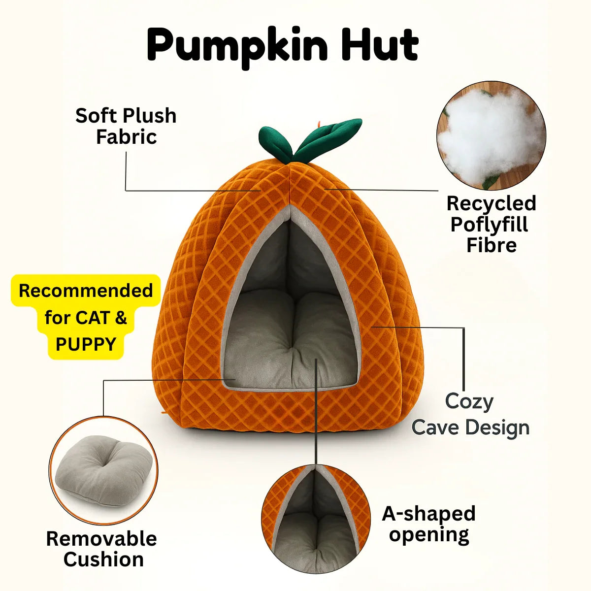 Tail Squad Premium Soft Pumpkin-Shaped Cat Hut (Rust) - TAIL SQUAD