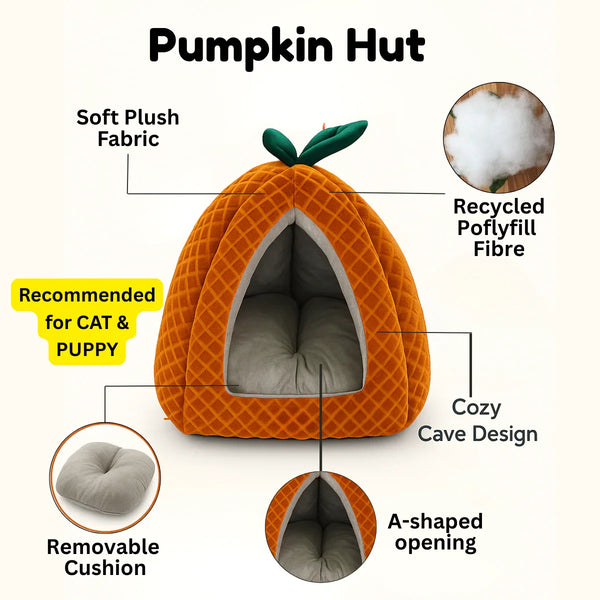 Tail Squad Premium Soft Pumpkin-Shaped Cat Hut (Rust) - TAIL SQUAD