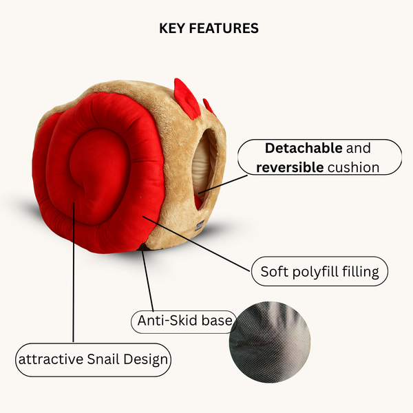 Tail Squad Snail Cave Pet Bed for Adult Cats (Red & Beige) - TAIL SQUAD