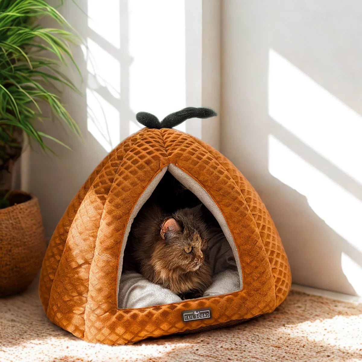 Tail Squad Premium Soft Pumpkin-Shaped Cat Hut (Rust) - TAIL SQUAD