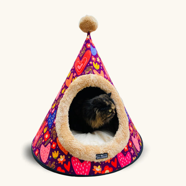 Tail Squad Washable Cozy Dog and Cat Cave Bed (Printed Full of Love) - TAIL SQUAD