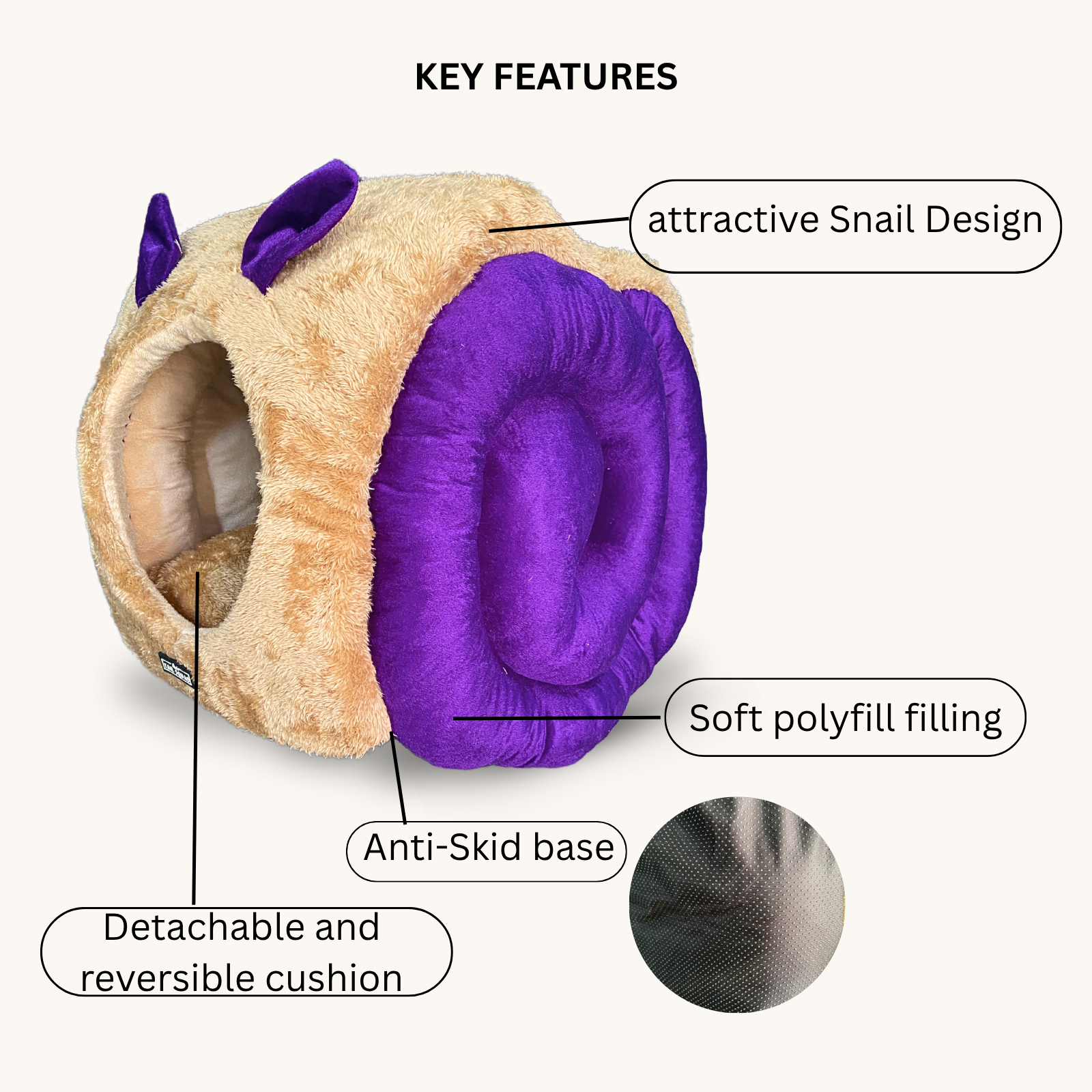 Tail Squad Snail Cave Pet Bed for Adult Cats (Purple & Beige) - TAIL SQUAD
