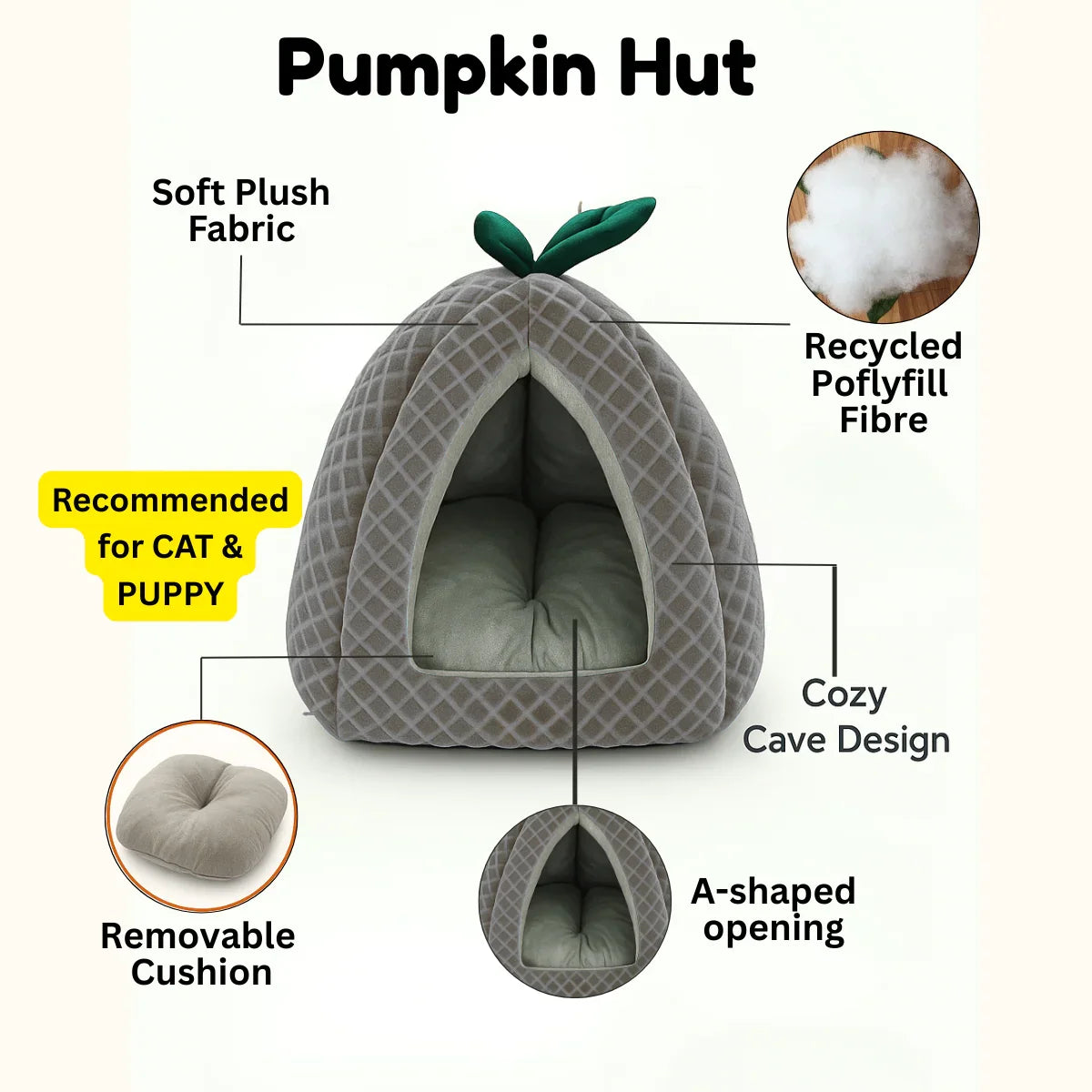 Tail Squad Premium Soft Pumpkin-Shaped Cat Hut (Grey) - TAIL SQUAD