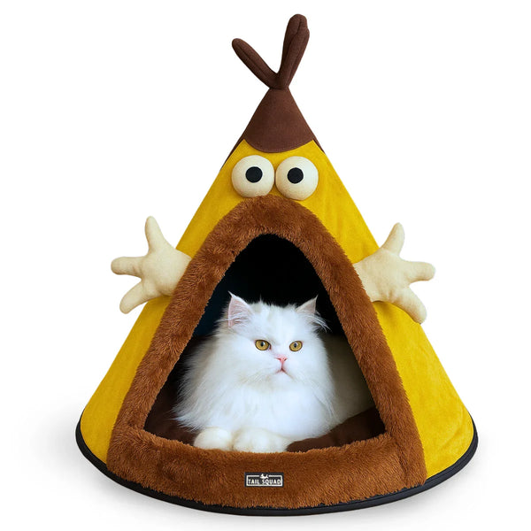 Tail Squad Washable Cozy Dog and Cat Cave Bed (Cartoon - Yellow) - TAIL SQUAD