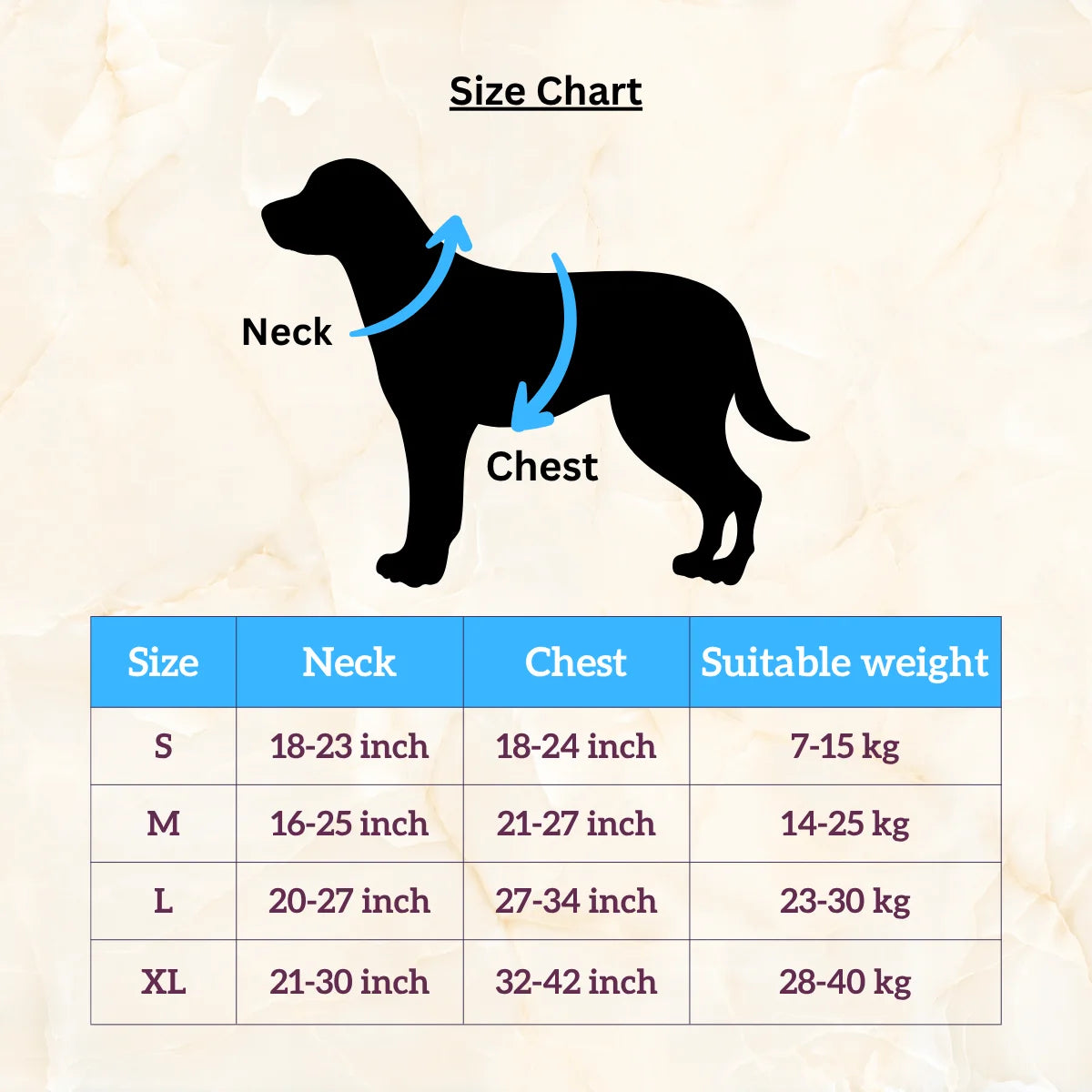 Tail Squad Black full body dog harness size guide with accurate neck and chest measurement details.