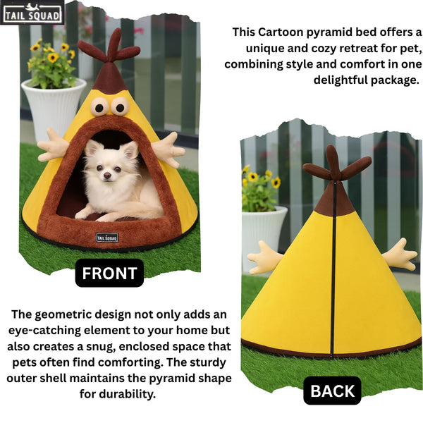 Tail Squad Washable Cozy Dog and Cat Cave Bed (Cartoon - Yellow) - TAIL SQUAD
