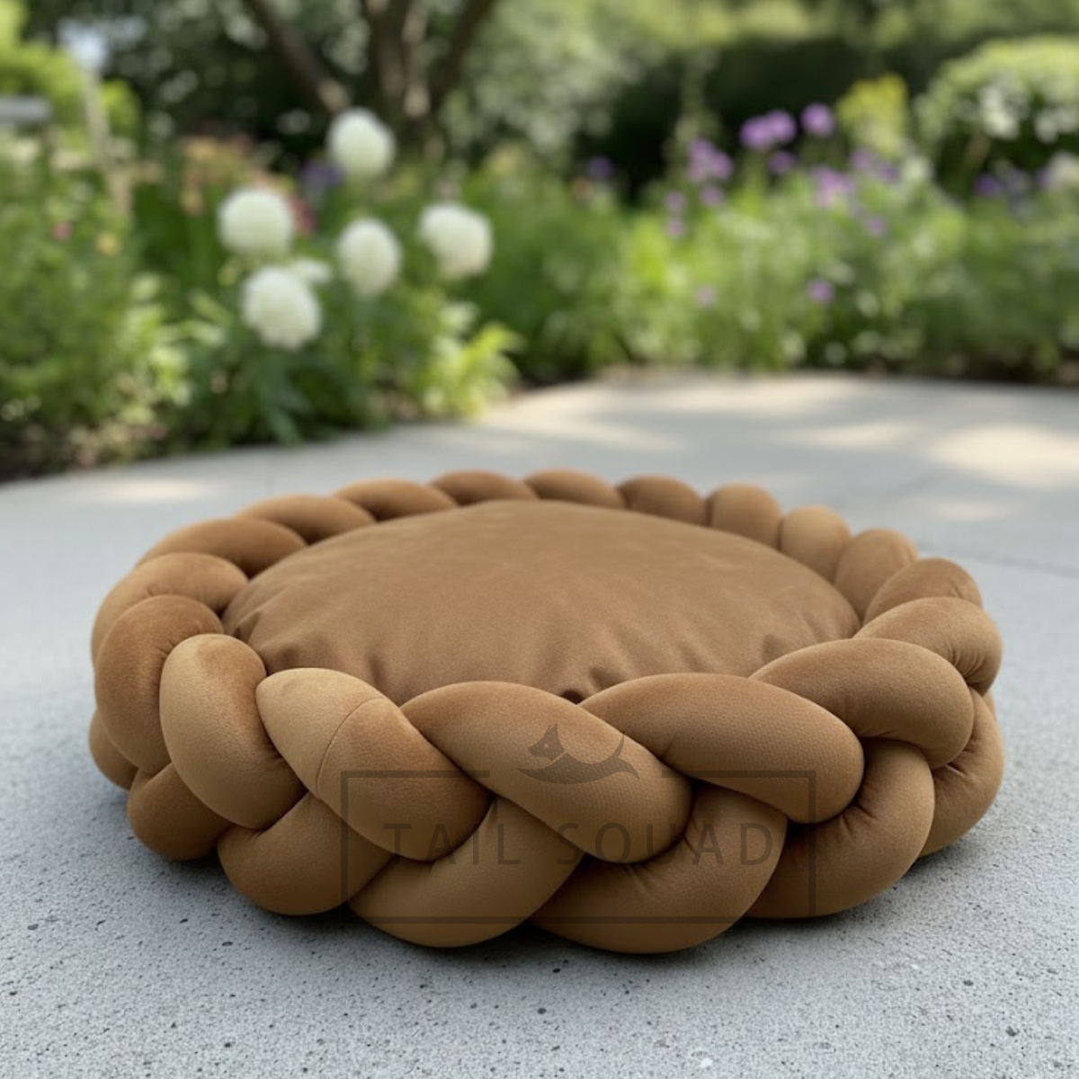 Tail Squad Braided Round Dog Bed Brown close-up showing plush braided edges and soft cozy sleeping surface for dogs