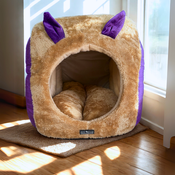Tail Squad Snail Cave Pet Bed for Adult Cats (Purple & Beige) - TAIL SQUAD