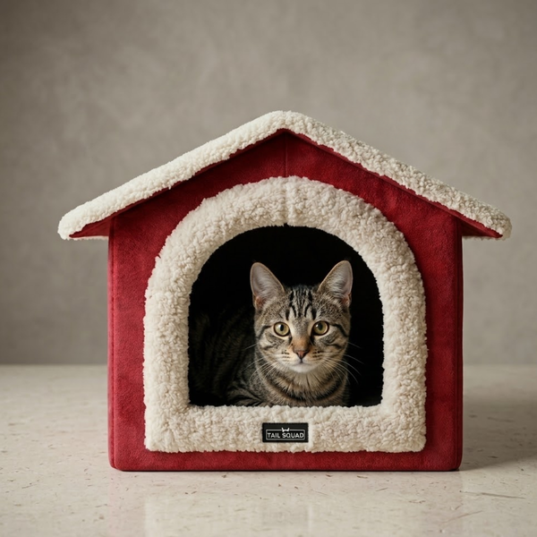 Tail Squad Foldable Cat Hut- For Kittens & Adult Cats - Red