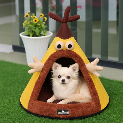 Tail Squad Washable Cozy Dog and Cat Cave Bed (Cartoon - Yellow)