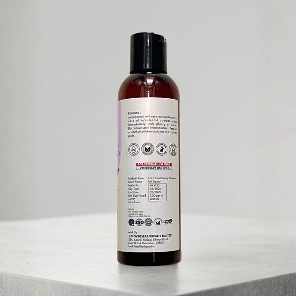 Back label of 5-in-1 dog shampoo showing cautions and usage instructions.