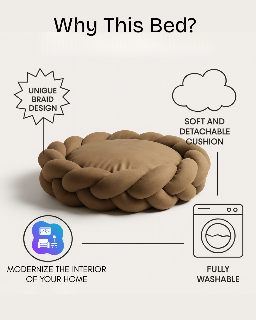 Tail Squad Braided Round Bed for Dogs- Brown