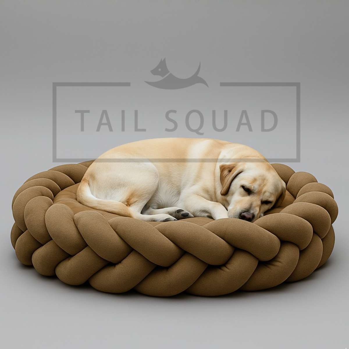 Tail Squad Braided Round Bed for Dogs Brown front view with dog sleeping on soft cushioned braided pet bed