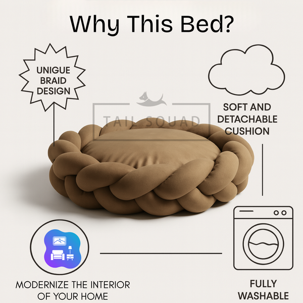 Tail Squad Braided Round Dog Bed Brown featuring soft comfort support braided design and calming sleep experience for pets