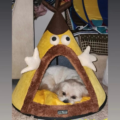 Dog sitting inside a Tail Squad Cone Dog house