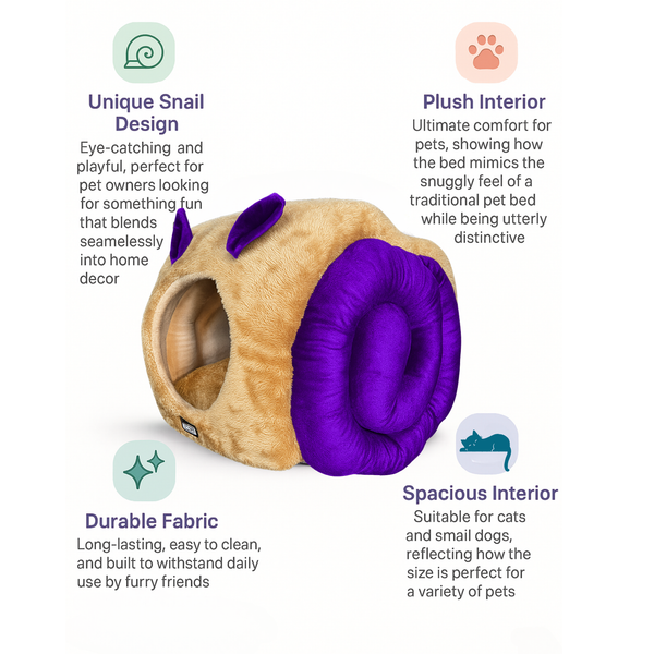 Tail Squad Snail Cave Pet Bed for Adult Cats (Purple & Beige) - TAIL SQUAD