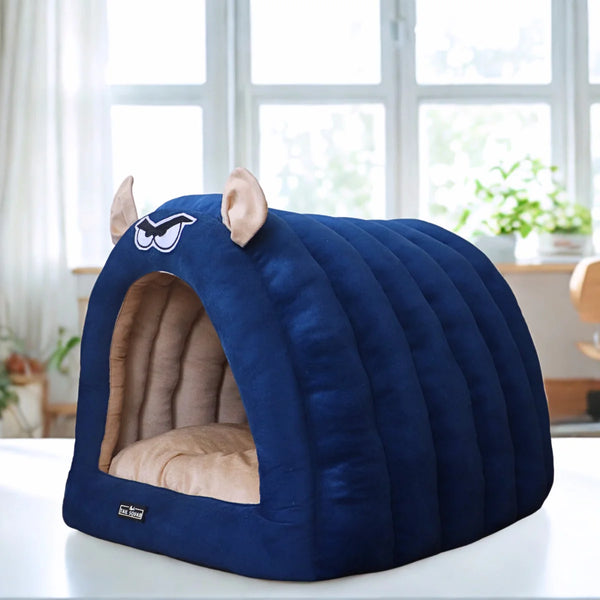 Tail Squad Caterpillar Hut for Dogs Blue right side close-up highlighting soft cushioning sturdy build and cozy pet shelter design