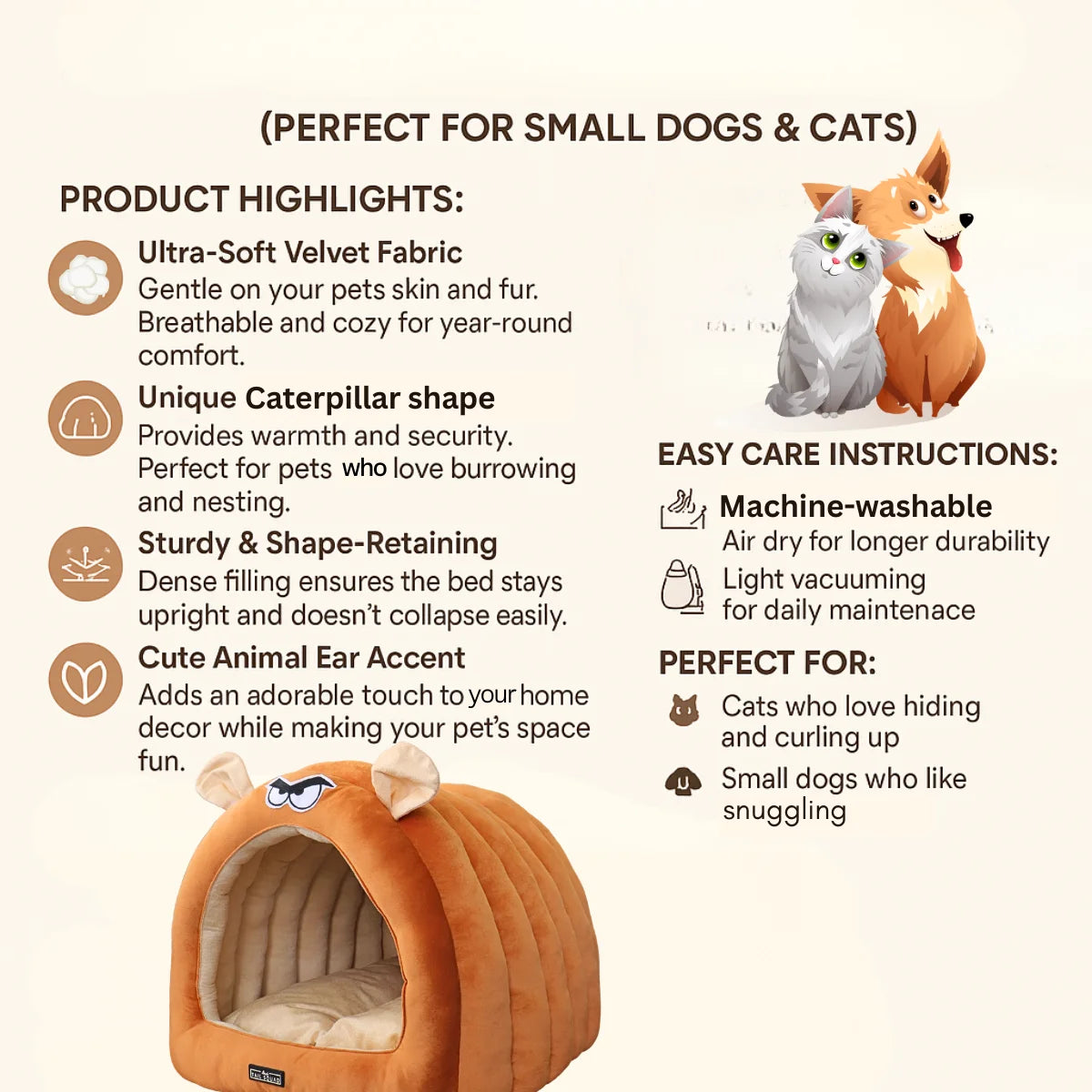Tail Squad Caterpillar Hut for Dogs Brown featuring soft washable fabric breathable design and durable cozy pet shelter structure