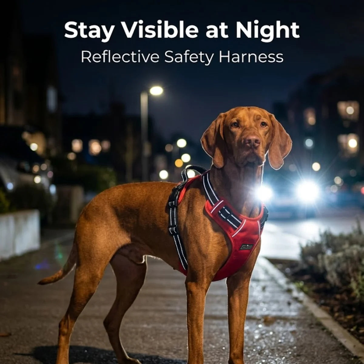 Tail Squad Adjustable Dog Full Body Harness in red color featuring reflective safety design to keep dogs visible during night walks