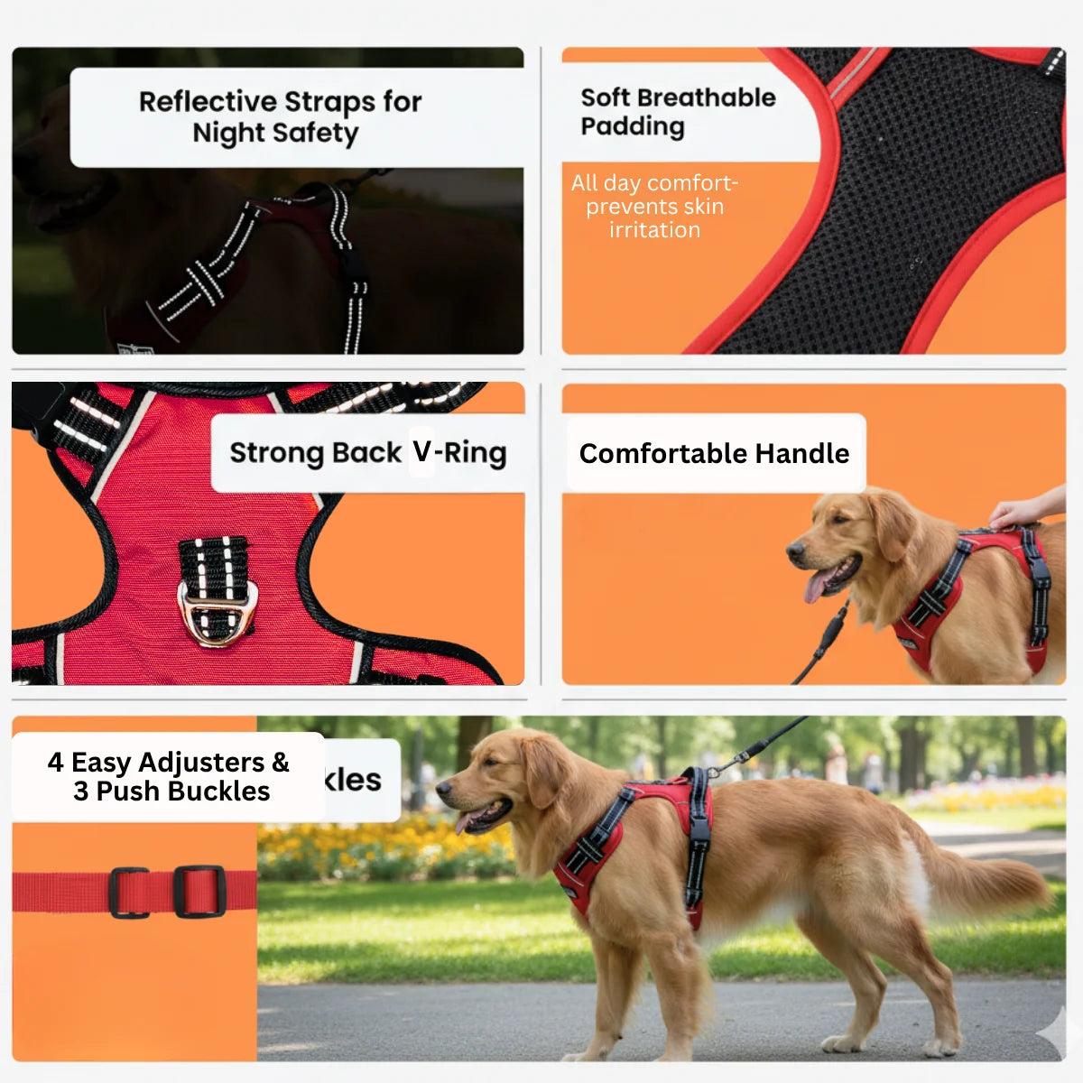 Tail Squad Adjustable Dog Harness Red with breathable padding, sturdy buckles, and everyday walking comfort