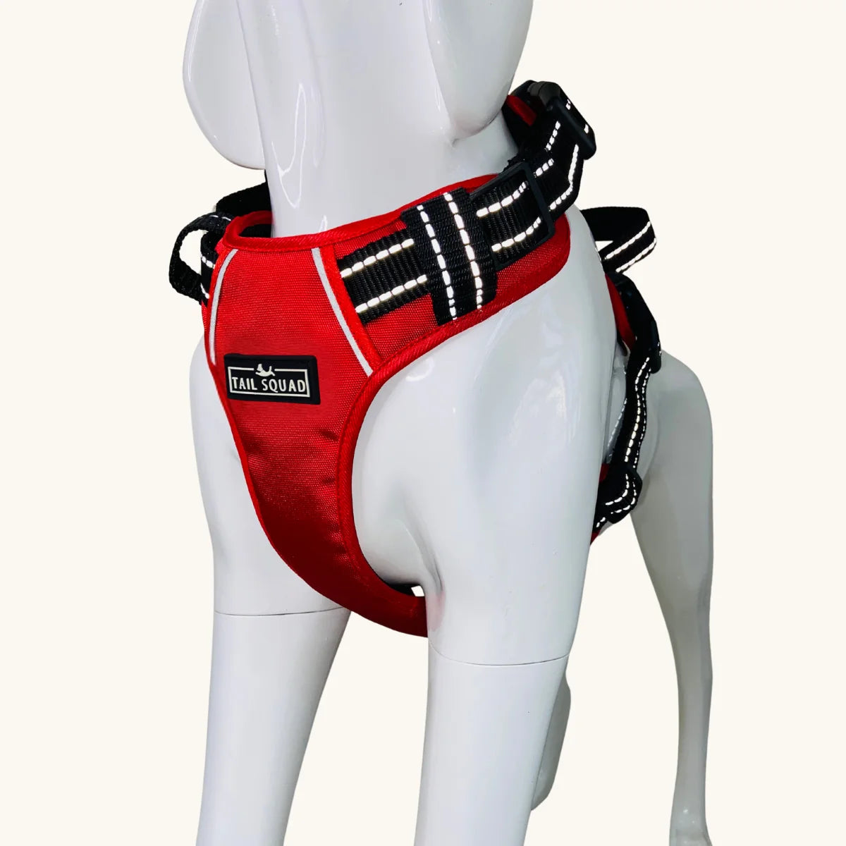 Close front-side view of the Tail Squad Adjustable Dog Full Body Harness in red color highlighting the secure and adjustable fit