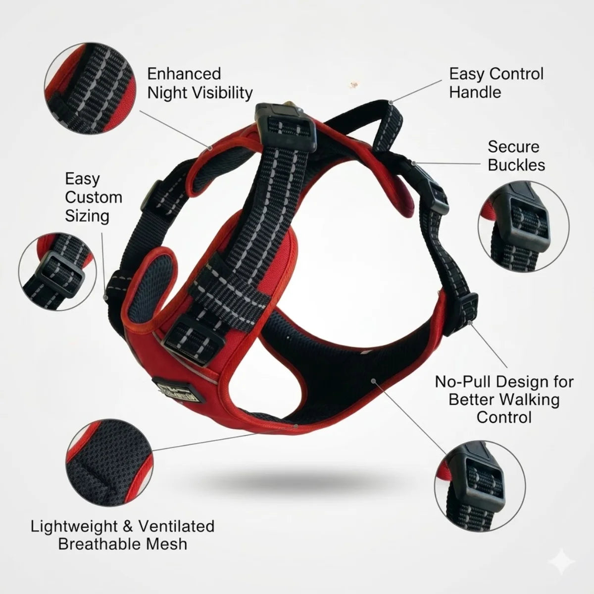 Feature overview of the Tail Squad Adjustable Dog Full Body Harness in red color highlighting its durable build, adjustable straps, and secure fit design