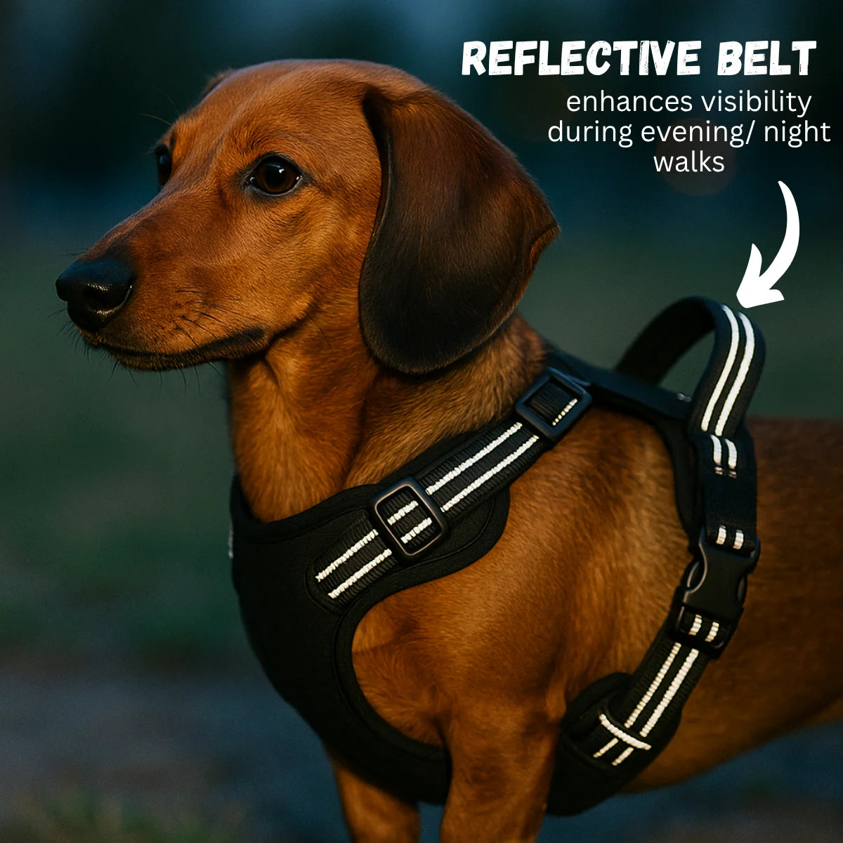 Tail Squad Adjustable Dog Full Body Harness in black color featuring reflective belts for enhanced visibility during evening and night walks