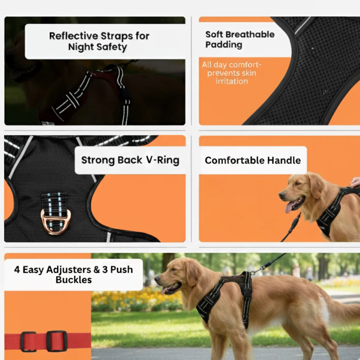Tail Squad Adjustable Dog Harness Black featuring breathable fabric, quick-release buckles, and comfort fit.