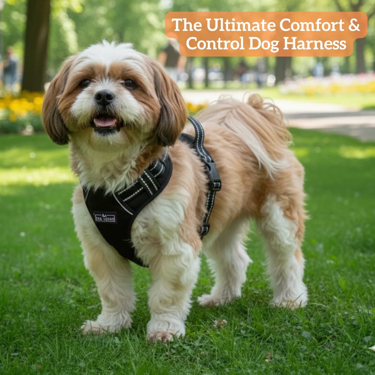 Shih Tzu wearing the Tail Squad Adjustable Dog Full Body Harness in black color designed for ultimate comfort and control
