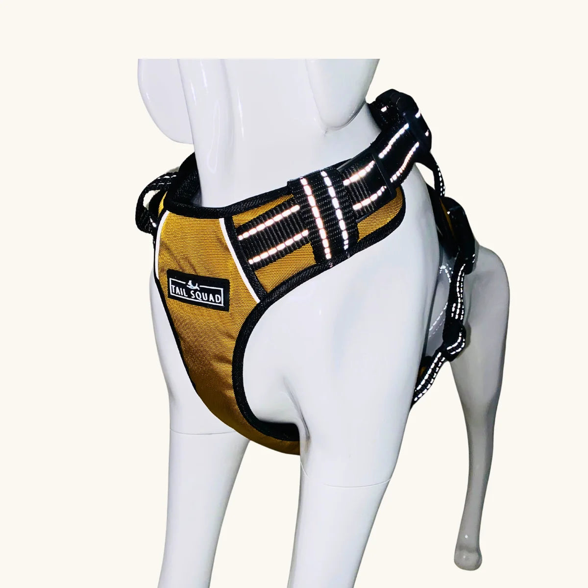 Close right-side view of the Tail Squad Adjustable Dog Full Body Harness in Mustard color showing adjustable straps and secure fit design.