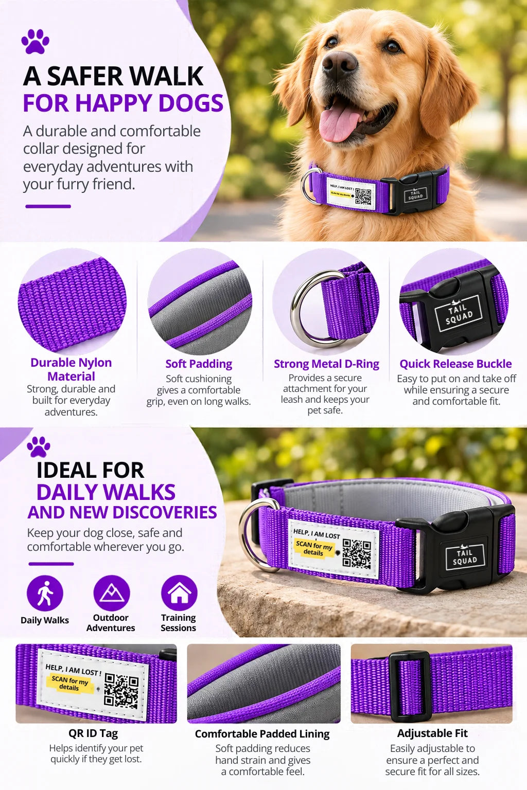 Tail Squad Smart Padded Dog Collar - QR Code