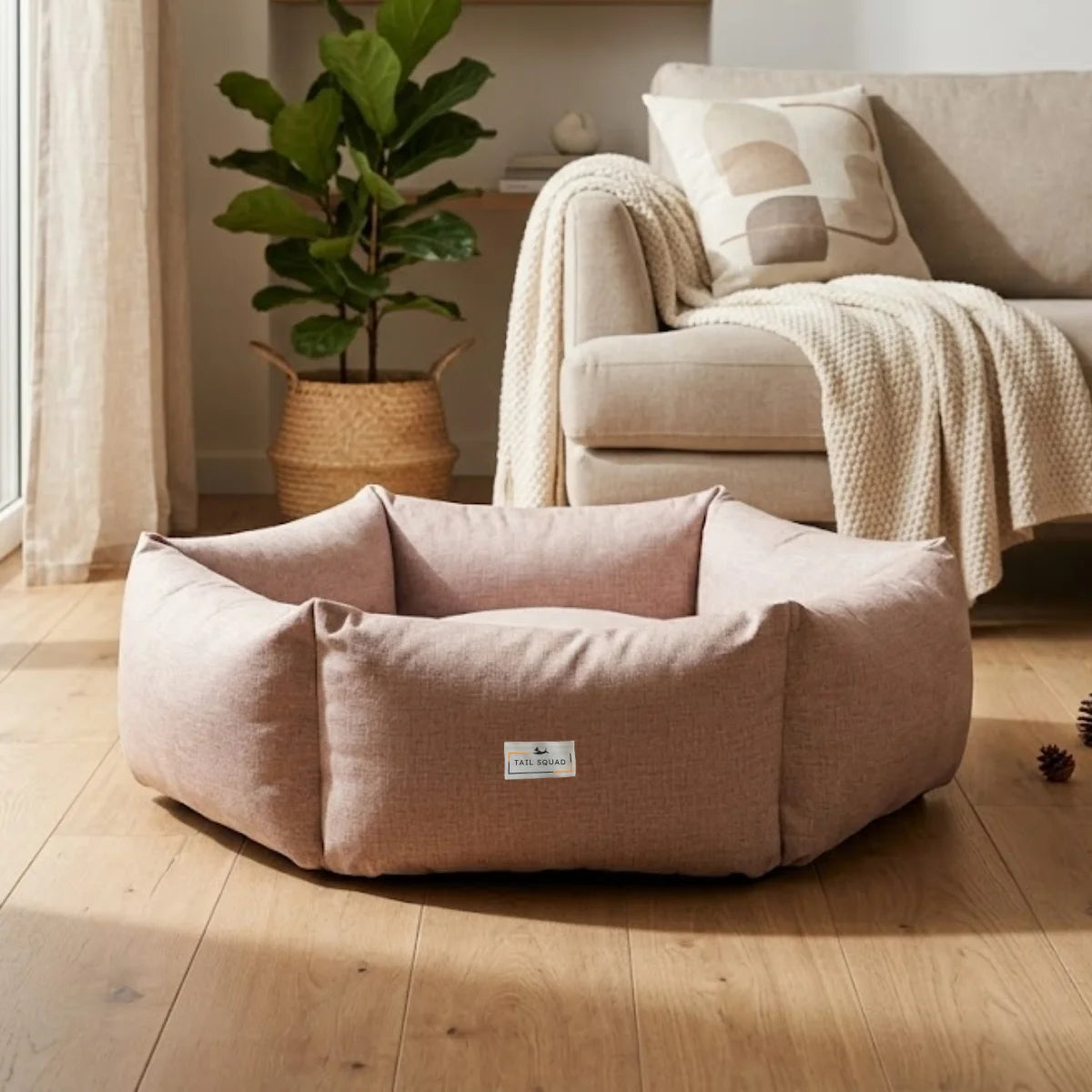 Tail Squad Washable Bolster Dog Bed close-up showing premium soft fabric stitching and plush washable cushioning detail