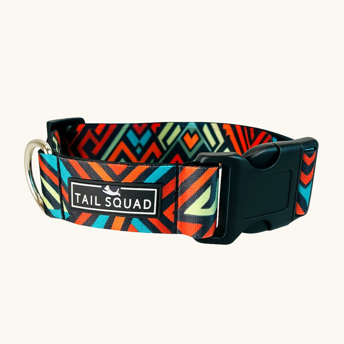 Tail Squad Abstract Black printed dog collar full and upper view with premium stitching and modern designer pet collar look
