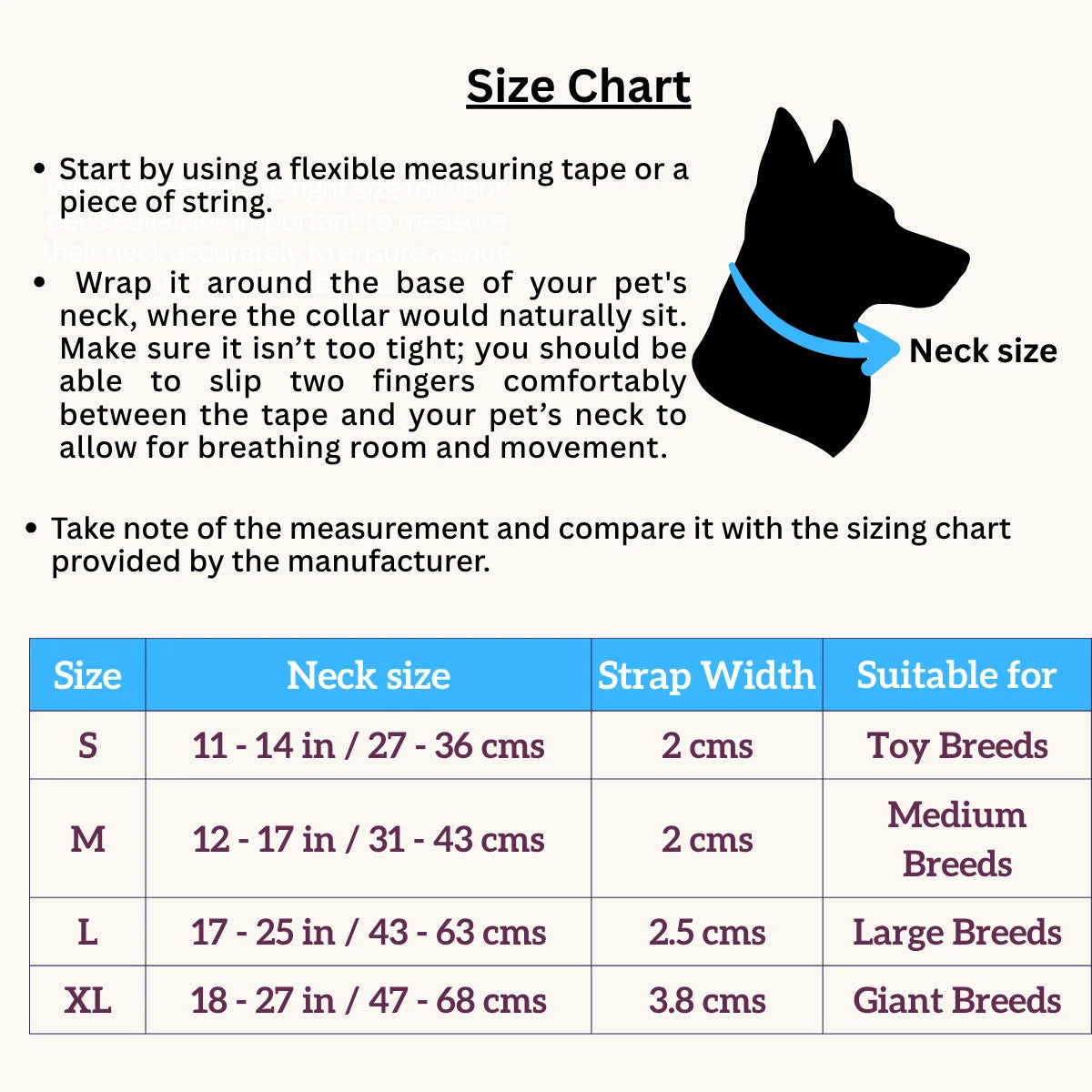  Tail Squad Tribal Purple printed dog collar size chart with neck measurement guide for accurate dog collar sizing
