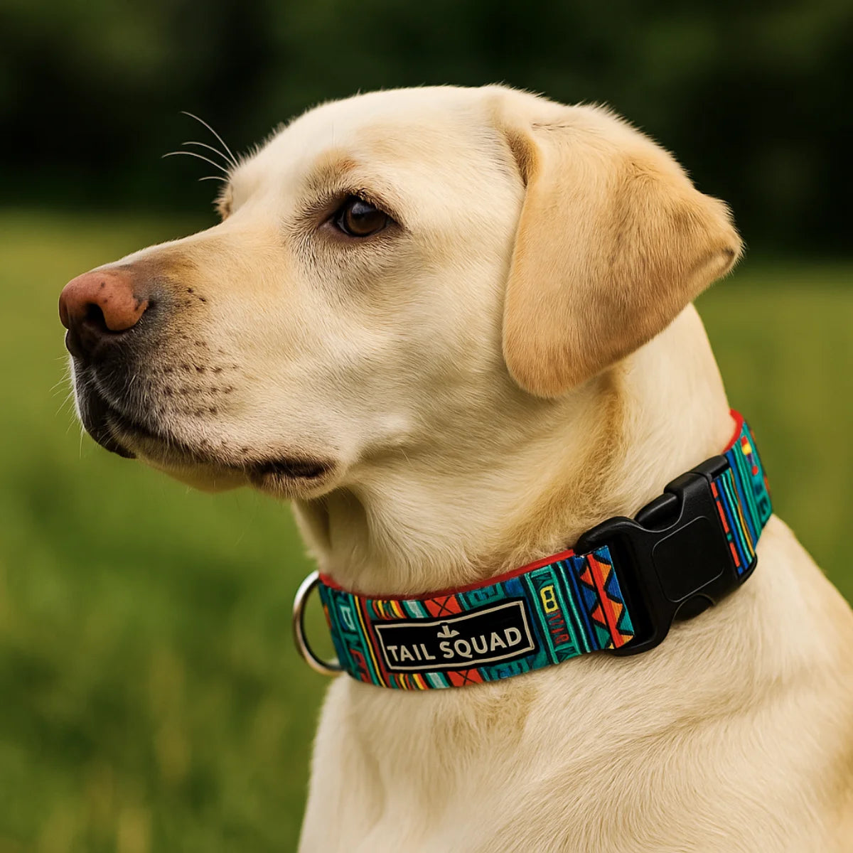 Tail Squad Printed Dog Collar Tribal Green side view featuring adjustable buckle and durable nylon strap with tribal pattern design