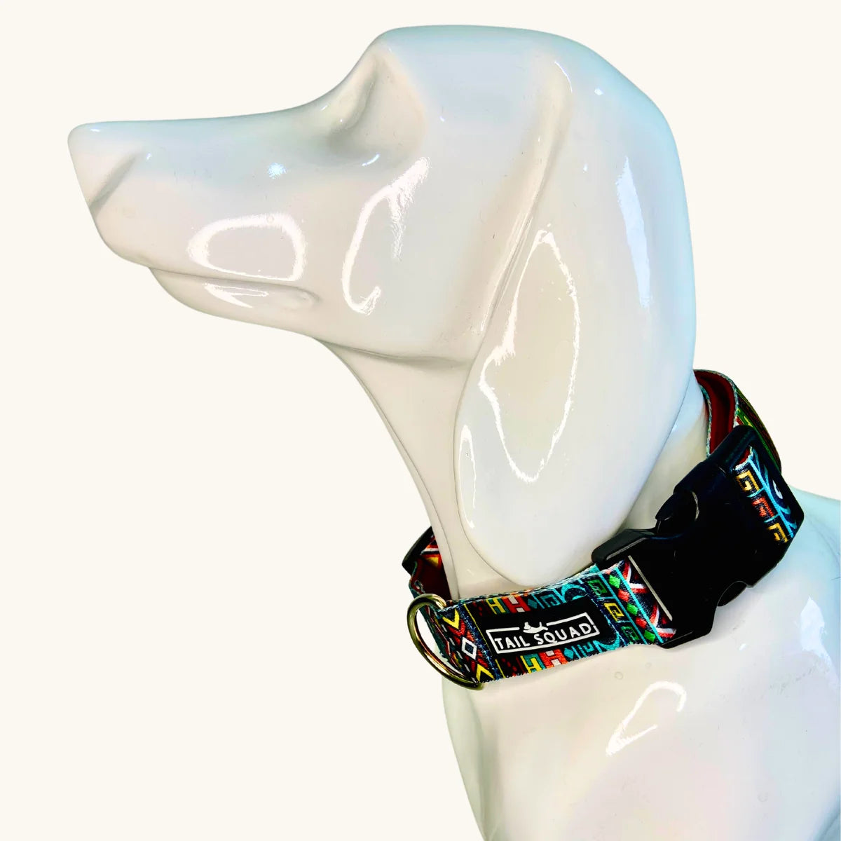 Dog wearing Tail Squad Printed Dog Collar Tribal Green with secure adjustable fit and comfortable lightweight daily walking collar