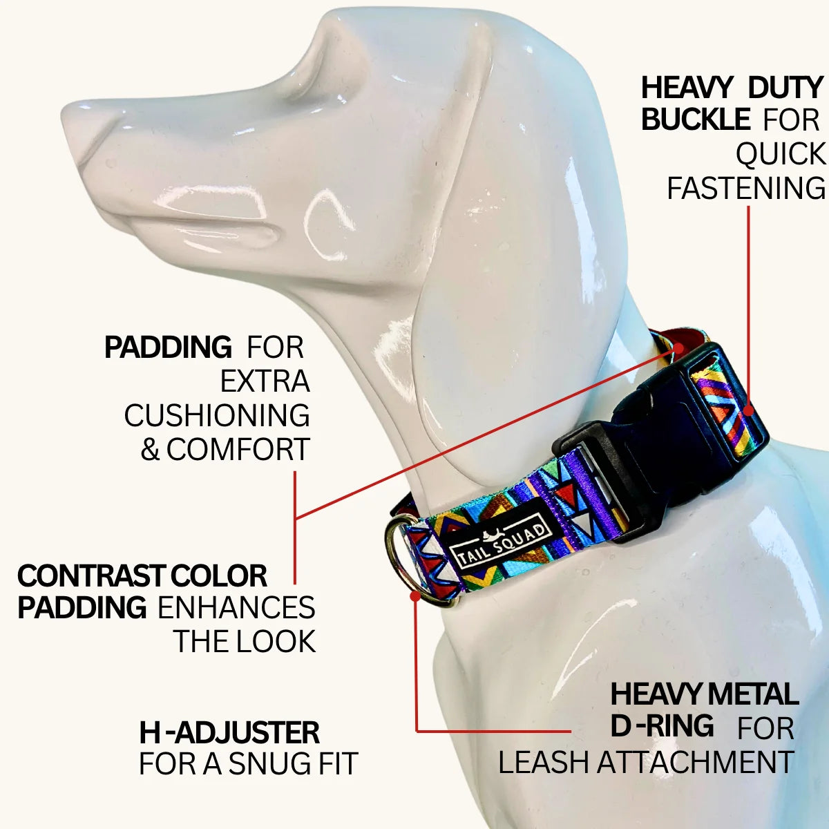 Tail Squad Printed Dog Collar Tribal Purple highlighting strong buckle, soft nylon material, and long-lasting tribal print design